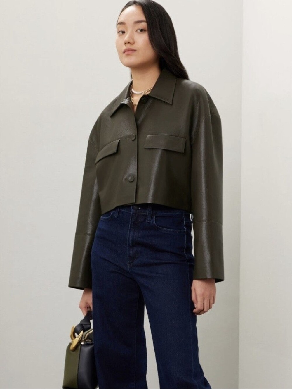 Nanushka Holleen Cropped Jacket Olive Green Vegan Leather Button Up $595 Size S